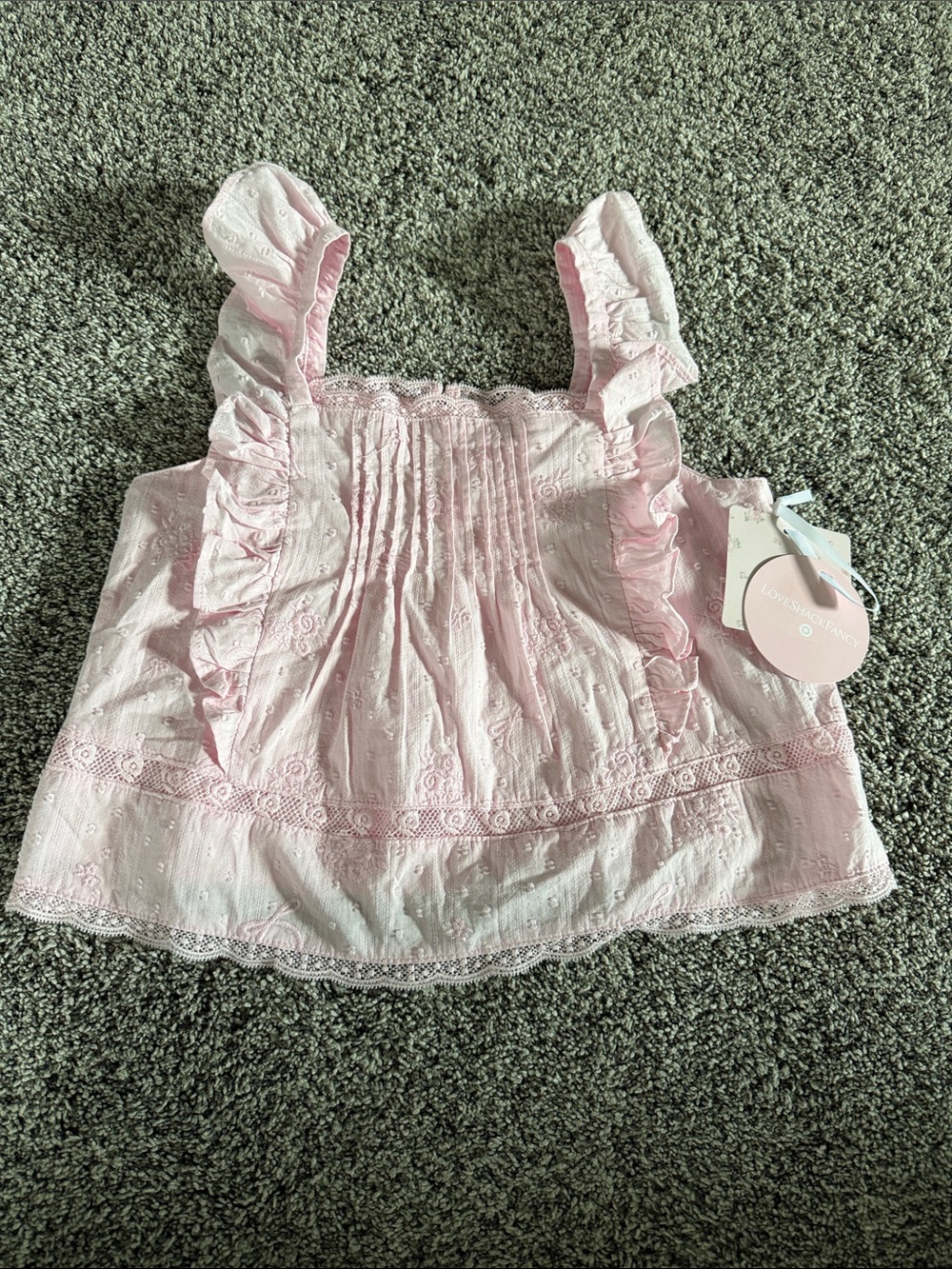 LoveShackFancy Light Pink Ruffle Eyelet Tank Top for Kids